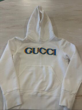 KIDS Gucci White Hoodie with Rainbow Outline Logo
